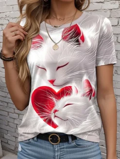 Valentine Women's Heart T Shirt Cute Regular Tops Short Sleeve Round Neck Print Regular Fit Daily Red Summer