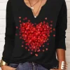 Valentine Women's Heart T Shirt Fashion Cute Print Long Sleeve Regular Tops V Neck Casual Going out Black Spring & Fall