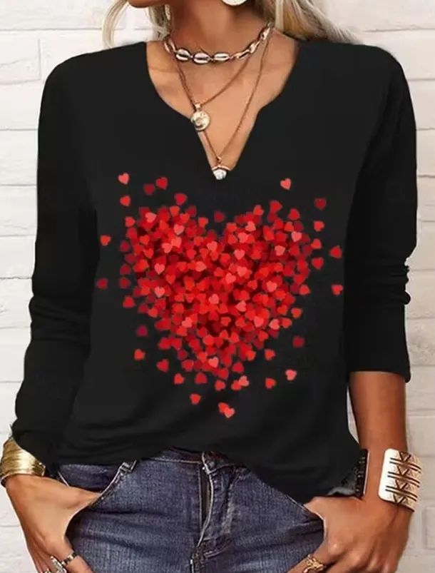 Valentine Women's Heart T Shirt Fashion Cute Print Long Sleeve Regular Tops V Neck Casual Going out Black Spring & Fall