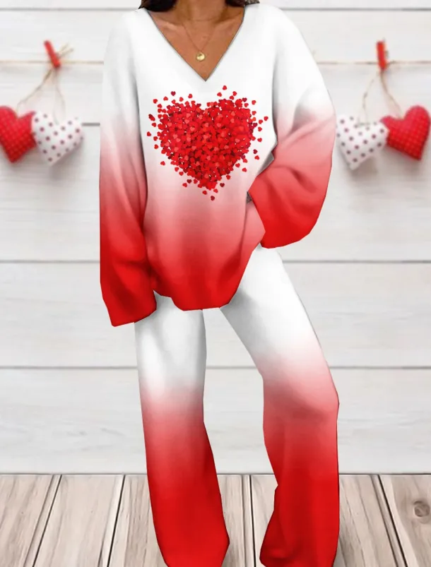 Valentine Women's Loungewear Sets 2 Pieces Heart Fashion Comfort Soft Home Daily Spandex Breathable V Wire Long Sleeve T shirt Tee Pant Summer Spring Home Outfits