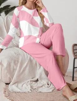 Valentine Women's Pajama Set Casual Comfort Comfrt Geometic T Shirt Pant Home Valentine's Day Daily Long Sleeve Crew Neck Pink Spring Fall Winter