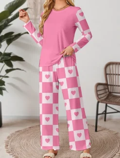 Valentine Women's Pajama Set Casual Comfort Comfrt Heart Grid / Plaid T Shirt Pant Home Valentine's Day Daily Long Sleeve Crew Neck Pink Spring Fall Winter
