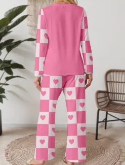 Valentine Women's Pajama Set Casual Comfort Comfrt Heart Grid / Plaid T Shirt Pant Home Valentine's Day Daily Long Sleeve Crew Neck Pink Spring Fall Winter