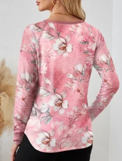 Valentine Women's Pink T Shirt Floral Oil painting flowers Long Tops Long Sleeve Crew Neck Print Regular Fit Daily Black White Pink Blue Green Summer Spring Fall Winter