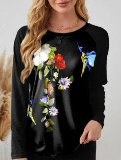 Valentine Women's Pink T Shirt Floral Oil painting flowers Long Tops Long Sleeve Crew Neck Print Regular Fit Daily Black White Pink Blue Green Summer Spring Fall Winter