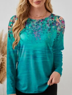 Valentine Women's Pink T Shirt Floral Oil painting flowers Long Tops Long Sleeve Crew Neck Print Regular Fit Daily Black White Pink Blue Green Summer Spring Fall Winter