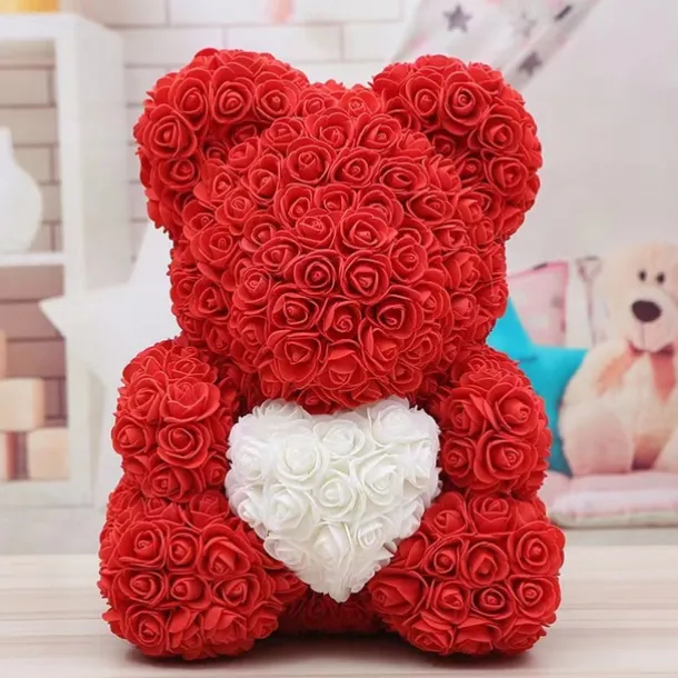 Valentines Day Gifts for Her,Rose Bear with Heart 25/40cm Artificial Rose Flower Bear, Romantic Gift for Valentines Day, Wedding, Mothers Day and Anniversary, Including Transparent Gift Box