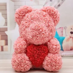Valentines Day Gifts for Her,Rose Bear with Heart 25/40cm Artificial Rose Flower Bear, Romantic Gift for Valentines Day, Wedding, Mothers Day and Anniversary, Including Transparent Gift Box