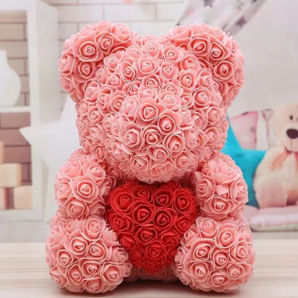 Valentines Day Gifts for Her,Rose Bear with Heart 25/40cm Artificial Rose Flower Bear, Romantic Gift for Valentines Day, Wedding, Mothers Day and Anniversary, Including Transparent Gift Box