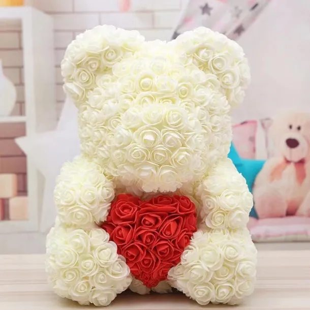 Valentines Day Gifts for Her,Rose Bear with Heart 25/40cm Artificial Rose Flower Bear, Romantic Gift for Valentines Day, Wedding, Mothers Day and Anniversary, Including Transparent Gift Box