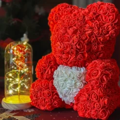 Valentines Day Gifts for Her,Rose Bear with Heart 25/40cm Artificial Rose Flower Bear, Romantic Gift for Valentines Day, Wedding, Mothers Day and Anniversary, Including Transparent Gift Box