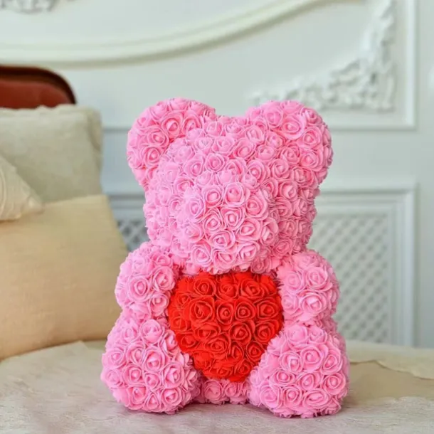Valentines Day Gifts for Her,Rose Bear with Heart 25/40cm Artificial Rose Flower Bear, Romantic Gift for Valentines Day, Wedding, Mothers Day and Anniversary, Including Transparent Gift Box