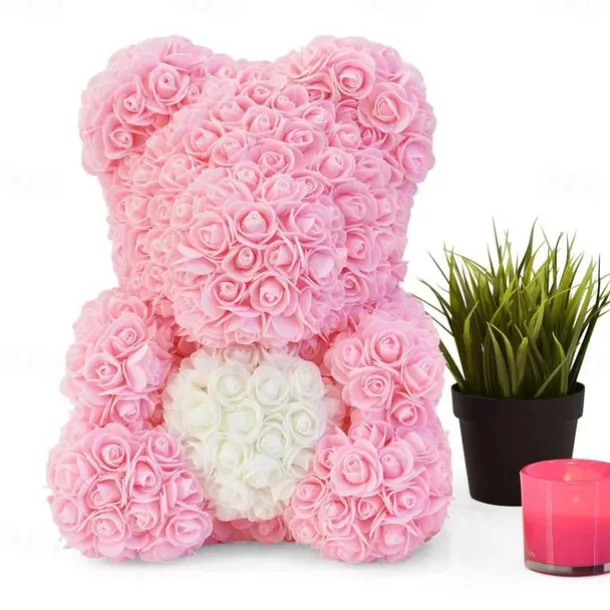 Valentines Day Gifts for Her,Rose Bear with Heart 25/40cm Artificial Rose Flower Bear, Romantic Gift for Valentines Day, Wedding, Mothers Day and Anniversary, Including Transparent Gift Box