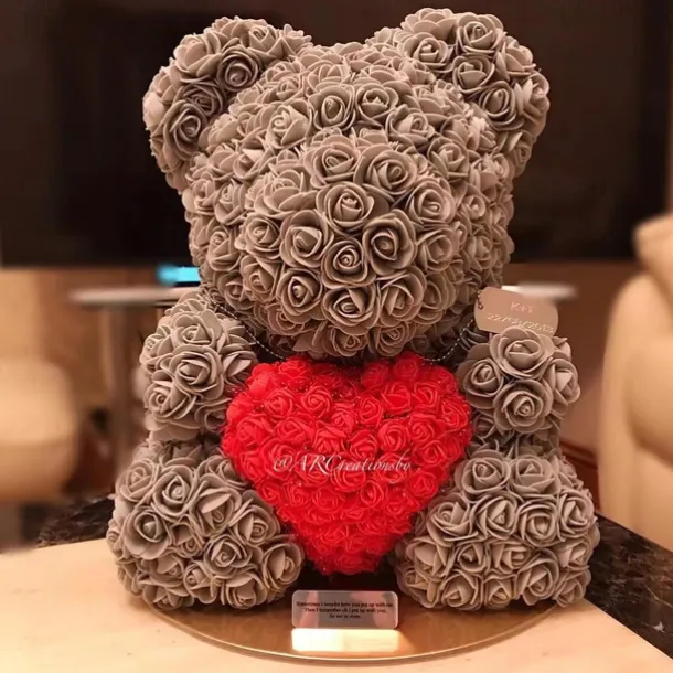 Valentines Day Gifts for Her,Rose Bear with Heart 25/40cm Artificial Rose Flower Bear, Romantic Gift for Valentines Day, Wedding, Mothers Day and Anniversary, Including Transparent Gift Box