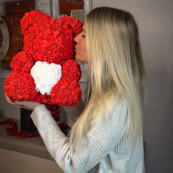 Valentines Day Gifts for Her,Rose Bear with Heart 25/40cm Artificial Rose Flower Bear, Romantic Gift for Valentines Day, Wedding, Mothers Day and Anniversary, Including Transparent Gift Box