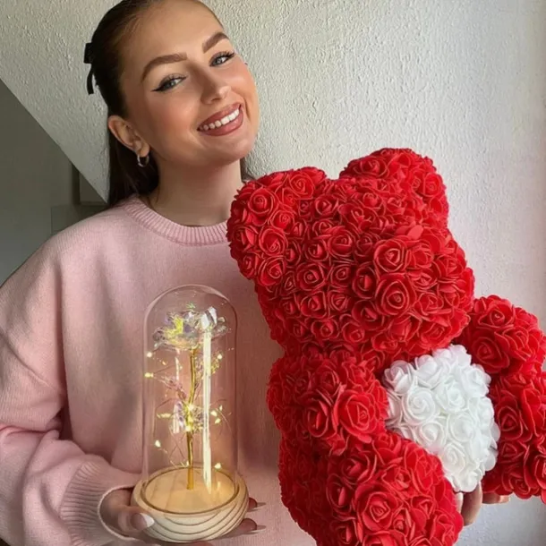 Valentines Day Gifts for Her,Rose Bear with Heart 25/40cm Artificial Rose Flower Bear, Romantic Gift for Valentines Day, Wedding, Mothers Day and Anniversary, Including Transparent Gift Box