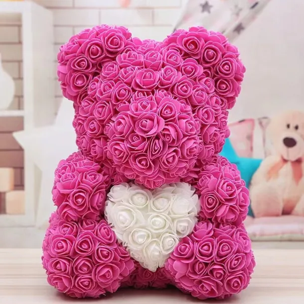 Valentines Day Gifts for Her,Rose Bear with Heart 25/40cm Artificial Rose Flower Bear, Romantic Gift for Valentines Day, Wedding, Mothers Day and Anniversary, Including Transparent Gift Box