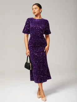 Velour Sequin Puff Sleeve Sparkly Elegant Maxi Dress