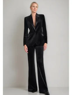 Velvet Blazer Set Two Piece Jumpsuit / Pantsuit Pantsuit Mother of the Tailored Pantsuit Elegant Vintage Simple Satin Peak Lapel Floor Length Flared Pants Velvet Long Sleeve with Covered Buttons