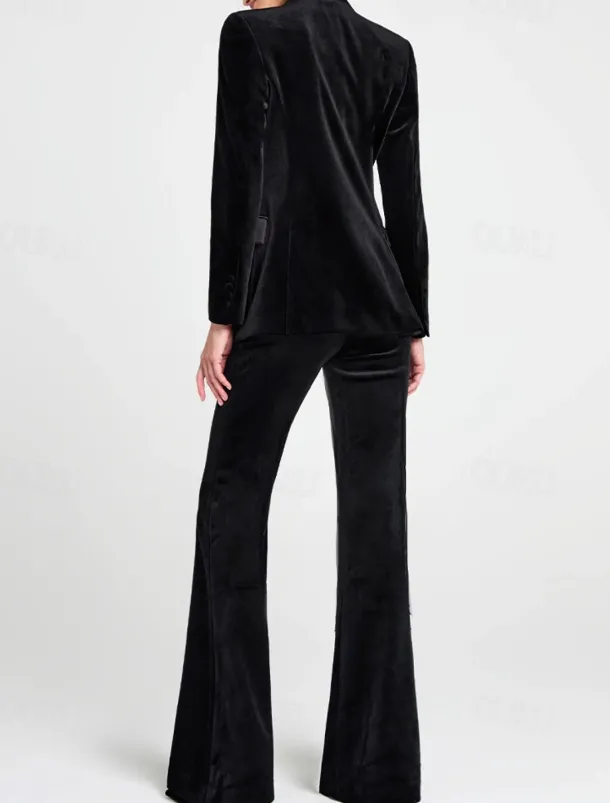 Velvet Blazer Set Two Piece Jumpsuit / Pantsuit Pantsuit Mother of the Tailored Pantsuit Elegant Vintage Simple Satin Peak Lapel Floor Length Flared Pants Velvet Long Sleeve with Covered Buttons