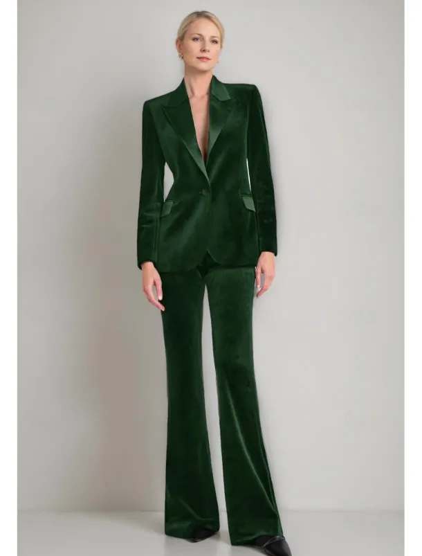 Velvet Blazer Set Two Piece Jumpsuit / Pantsuit Pantsuit Mother of the Tailored Pantsuit Elegant Vintage Simple Satin Peak Lapel Floor Length Flared Pants Velvet Long Sleeve with Covered Buttons