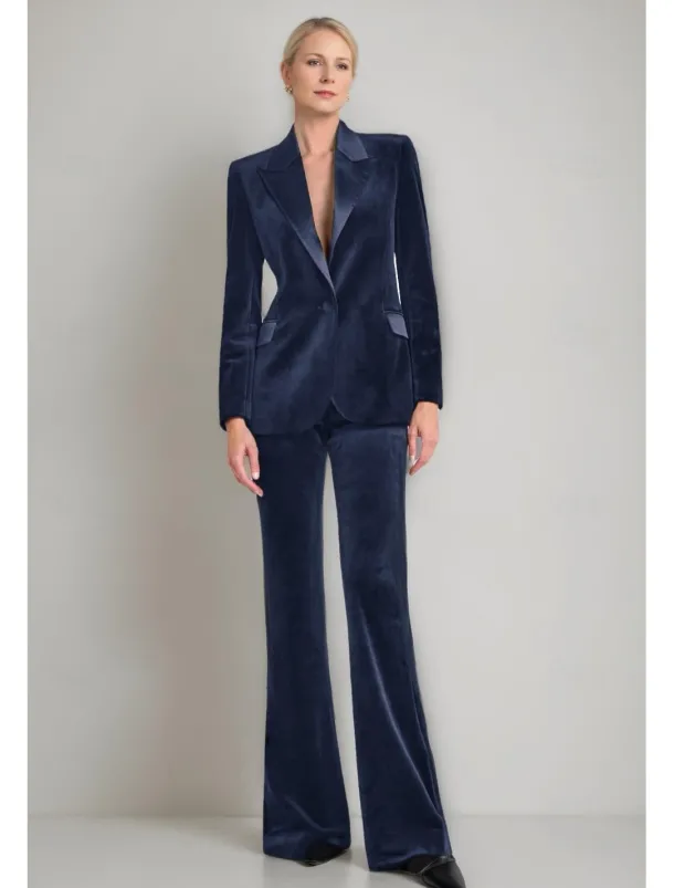 Velvet Blazer Set Two Piece Jumpsuit / Pantsuit Pantsuit Mother of the Tailored Pantsuit Elegant Vintage Simple Satin Peak Lapel Floor Length Flared Pants Velvet Long Sleeve with Covered Buttons