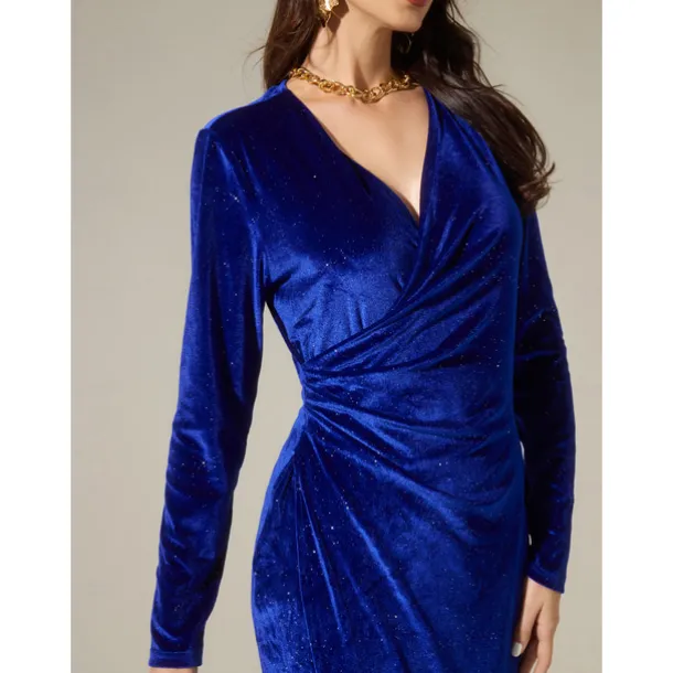 Velvet Navy Blue Glitter Elegant Party Midi Dress