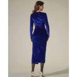 Velvet Navy Blue Glitter Elegant Party Midi Dress