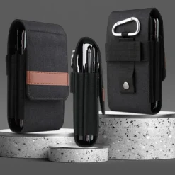 Vertical Nylon Dual Pocket Phone Holster Pouch Belt Clip Case Holder Oxford Cloth Sports Mobile Phone Bag Double Divided Design Power Bank Organizer Earphone Storage Card Storage