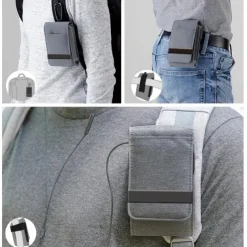 Vertical Nylon Dual Pocket Phone Holster Pouch Belt Clip Case Holder Oxford Cloth Sports Mobile Phone Bag Double Divided Design Power Bank Organizer Earphone Storage Card Storage