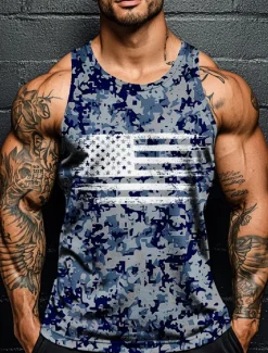 Veterans Day Men's Patriot Patriotic Veteran Camo Camouflage T Shirt Vest Top Sleeveless T shirt 3D Print Crew Neck Shirt Vacation Casual Hawaiian Holiday Red Navy Blue Green Summer Spring Clothing