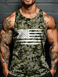 Veterans Day Men's Patriot Patriotic Veteran Camo Camouflage T Shirt Vest Top Sleeveless T shirt 3D Print Crew Neck Shirt Vacation Casual Hawaiian Holiday Red Navy Blue Green Summer Spring Clothing