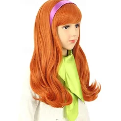 Vgbeaty Kids Child Long Wave Orange Wig with Green Silk Scarf and Purple Headband Anime Cosplay Wig Halloween Wigs