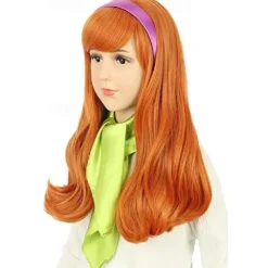 Vgbeaty Kids Child Long Wave Orange Wig with Green Silk Scarf and Purple Headband Anime Cosplay Wig Halloween Wigs