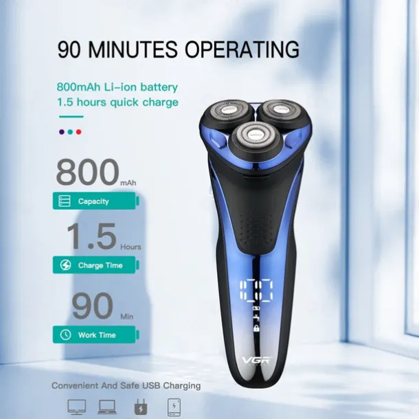 VGR Electric Razor for Men USB Rechargeable 3D Rotary Men's Shaver Pop-up Beard Trimmer Grooming Kit IPX7-Waterproof Corded & Cordless Wet Dry Beard Shavers LED Display