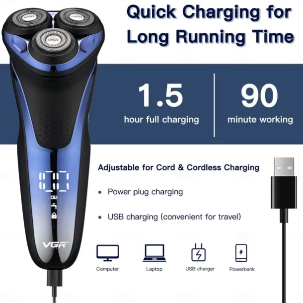 VGR Electric Razor for Men USB Rechargeable 3D Rotary Men's Shaver Pop-up Beard Trimmer Grooming Kit IPX7-Waterproof Corded & Cordless Wet Dry Beard Shavers LED Display