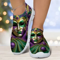 Vibrant Women's Slip-On Athletic Shoes with Carnival Mask Design, Ideal for Festive Occasions, Parades, and Casual Wear