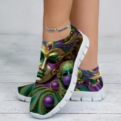 Vibrant Women's Slip-On Athletic Shoes with Carnival Mask Design, Ideal for Festive Occasions, Parades, and Casual Wear