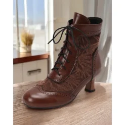 Victorian Style Women's Ankle Boots with Lace Design and Faux Leather Accents – Vintage Lace-Up Footwear for Casual and Costume Occasions