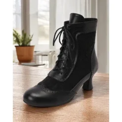 Victorian Style Women's Ankle Boots with Lace Design and Faux Leather Accents – Vintage Lace-Up Footwear for Casual and Costume Occasions