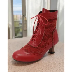 Victorian Style Women's Ankle Boots with Lace Design and Faux Leather Accents – Vintage Lace-Up Footwear for Casual and Costume Occasions
