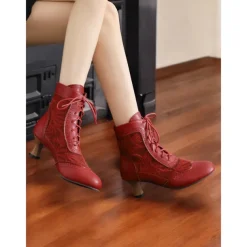 Victorian Style Women's Ankle Boots with Lace Design and Faux Leather Accents – Vintage Lace-Up Footwear for Casual and Costume Occasions