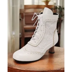 Victorian Style Women's Ankle Boots with Lace Design and Faux Leather Accents – Vintage Lace-Up Footwear for Casual and Costume Occasions