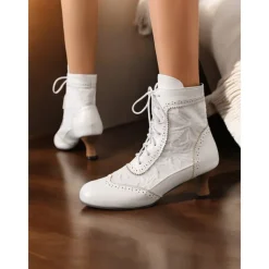 Victorian Style Women's Ankle Boots with Lace Design and Faux Leather Accents – Vintage Lace-Up Footwear for Casual and Costume Occasions