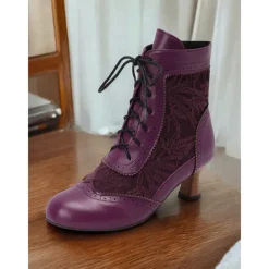 Victorian Style Women's Ankle Boots with Lace Design and Faux Leather Accents – Vintage Lace-Up Footwear for Casual and Costume Occasions