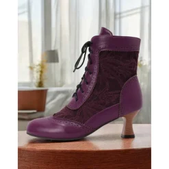 Victorian Style Women's Ankle Boots with Lace Design and Faux Leather Accents – Vintage Lace-Up Footwear for Casual and Costume Occasions