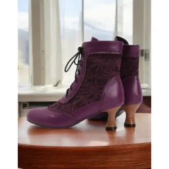 Victorian Style Women's Ankle Boots with Lace Design and Faux Leather Accents – Vintage Lace-Up Footwear for Casual and Costume Occasions