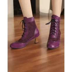Victorian Style Women's Ankle Boots with Lace Design and Faux Leather Accents – Vintage Lace-Up Footwear for Casual and Costume Occasions