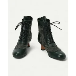 Victorian Style Women's Ankle Boots with Lace Design and Faux Leather Accents – Vintage Lace-Up Footwear for Casual and Costume Occasions
