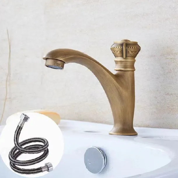 Vintage Bathroom Sink Faucet Cold Water Only, Monobloc Washroom Basin Taps Single Handle One Hole Deck Mounted Retro Antique Style